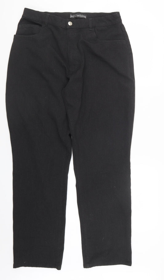 Front view of Jet Clothing men’s black trousers, size 31, in, 30-inch leg
