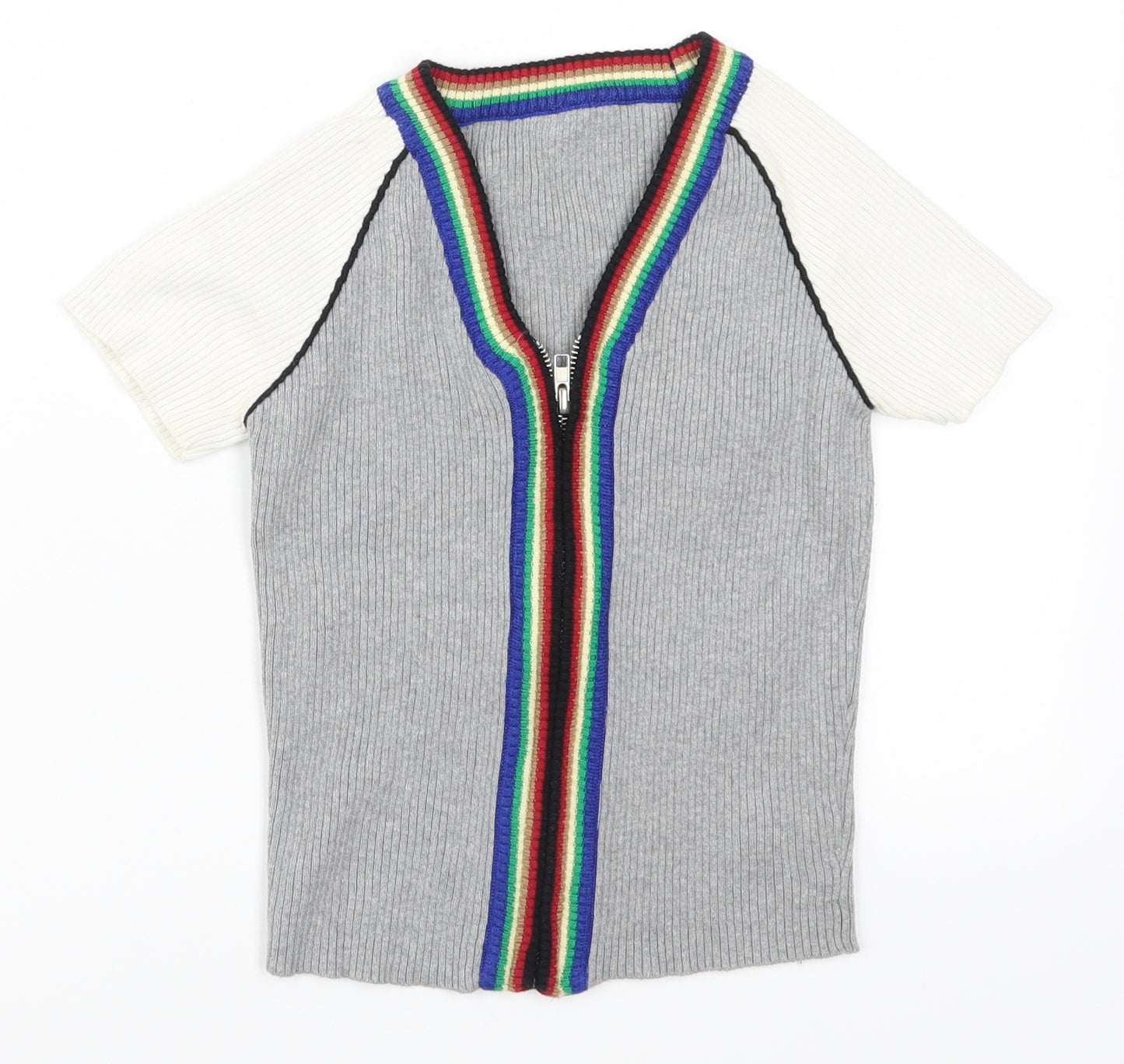 Amanzoo Apparel Womens Grey Striped  Full Zip Jumper Size XS  - Rainbow Stripe