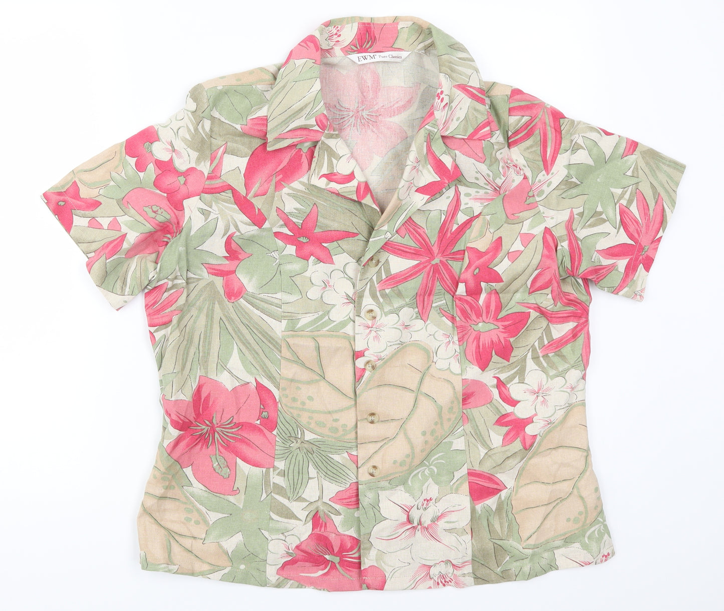 EWM Womens Green Floral  Basic Button-Up Size 14  - Pink Flowers