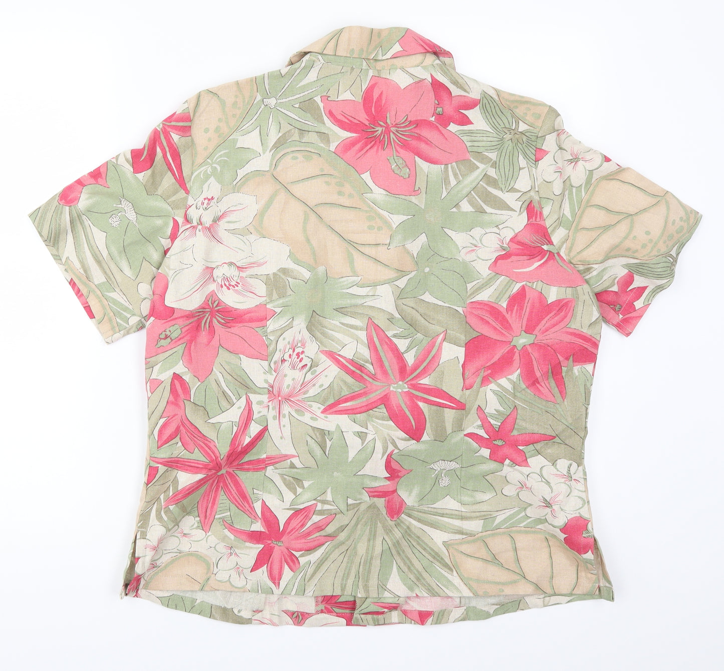 EWM Womens Green Floral  Basic Button-Up Size 14  - Pink Flowers