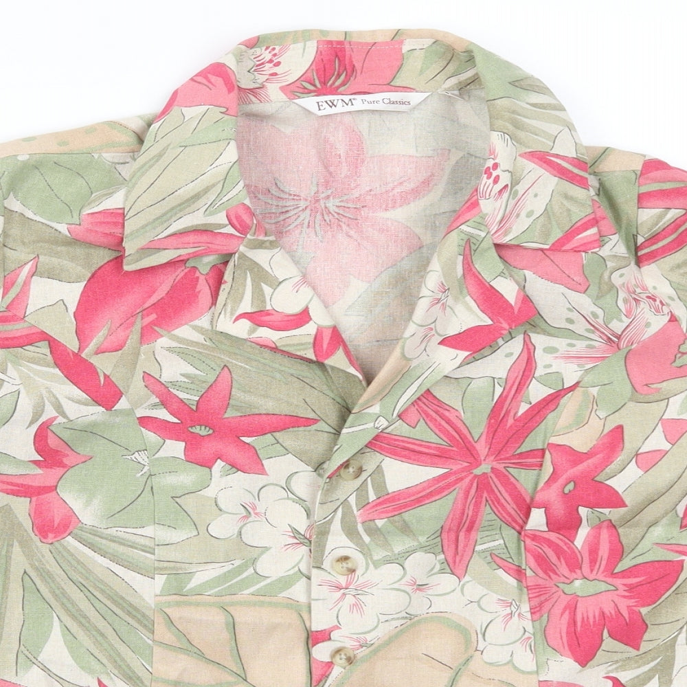 EWM Womens Green Floral  Basic Button-Up Size 14  - Pink Flowers