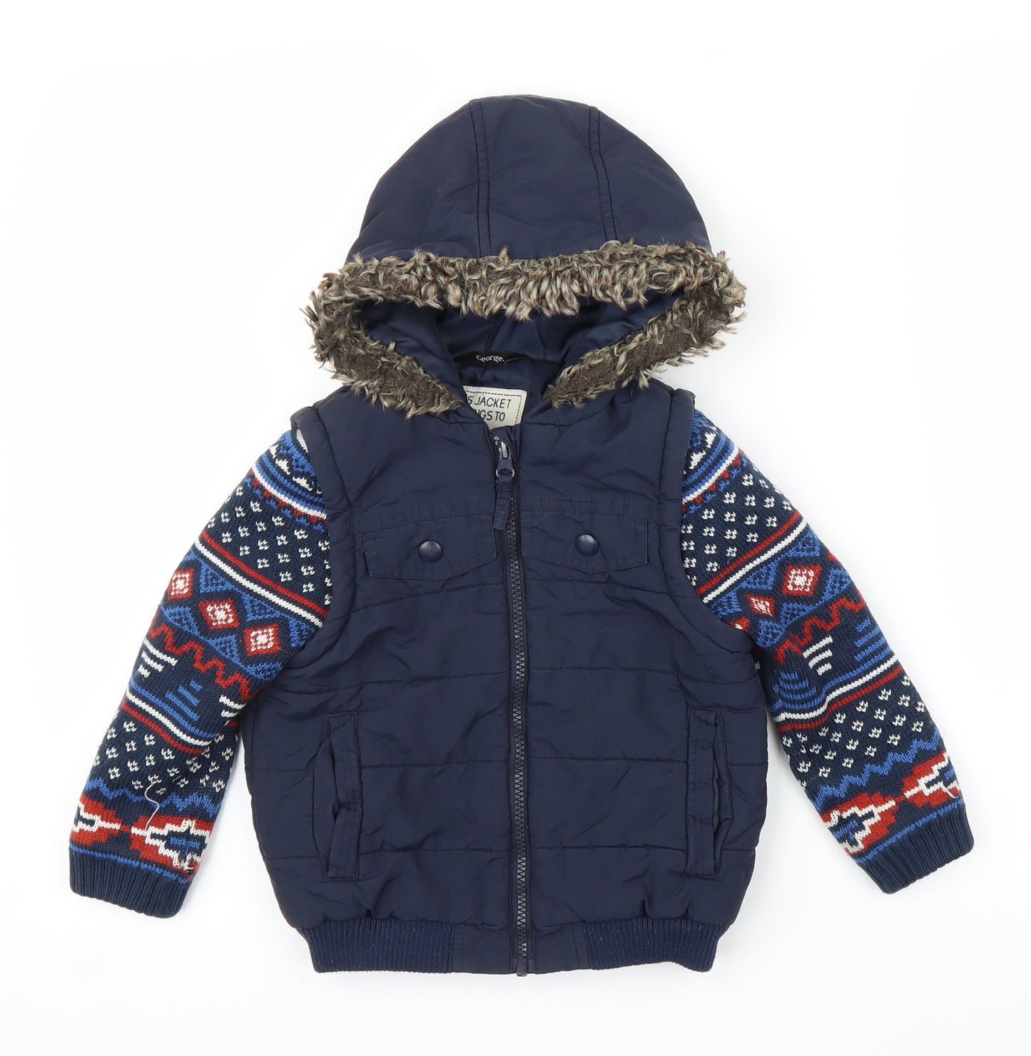George Boys Blue Fair Isle  Parka Coat Size 2-3 Years