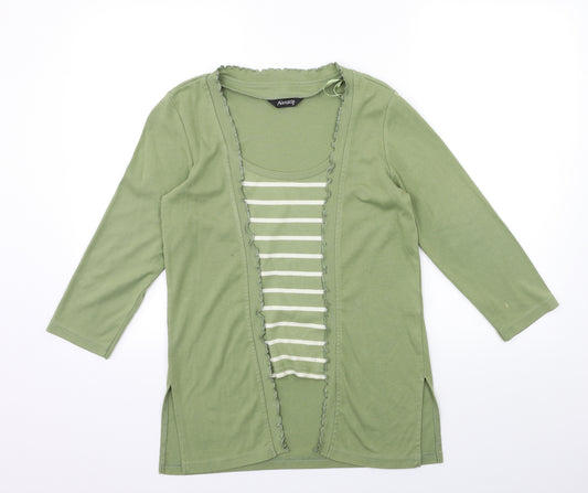 Front view of ALEXARA women’s green striped basic t-shirt, size UK 12