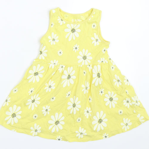 F&F Girls Yellow Floral  Skater Dress  Size 3-4 Years