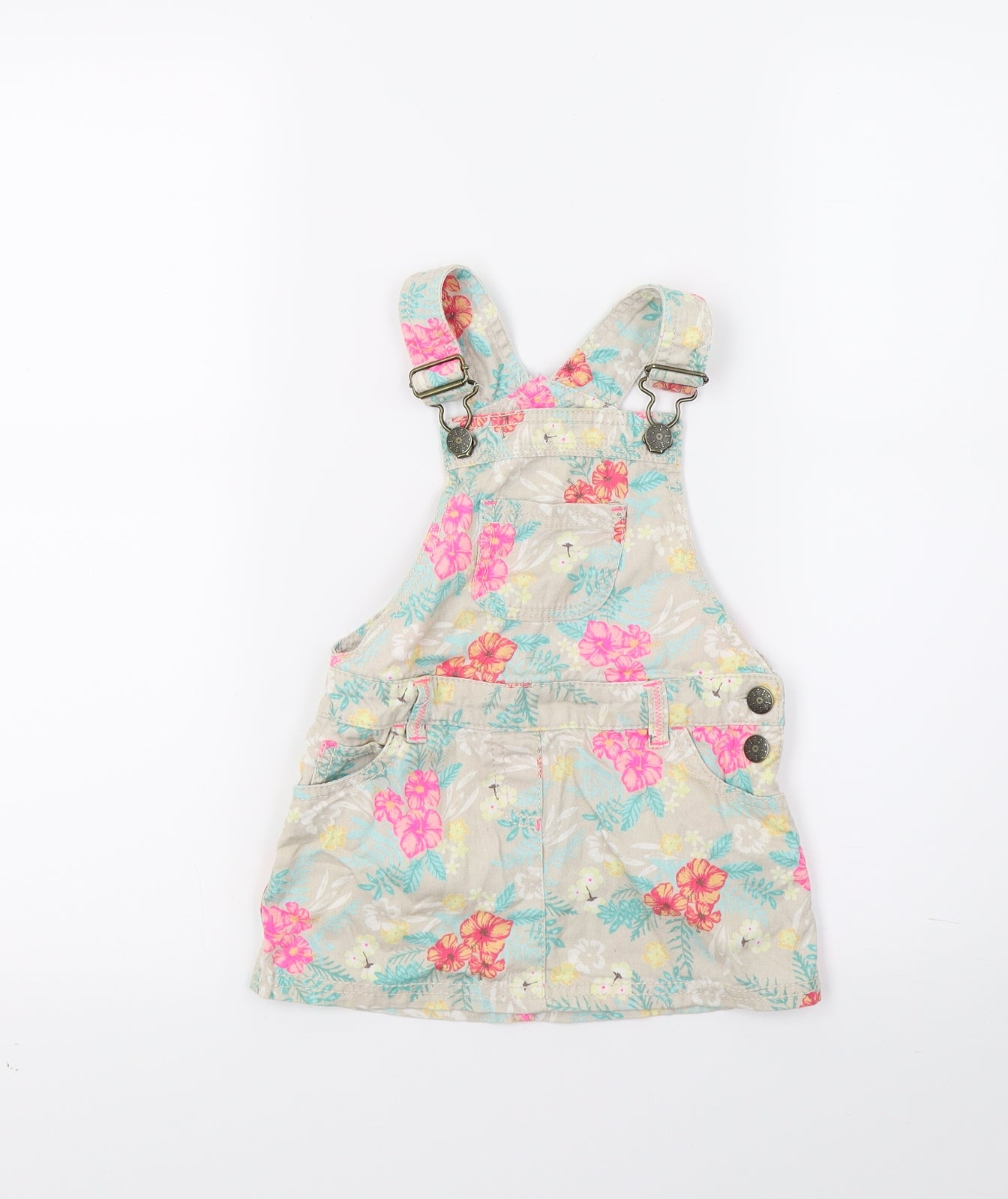 F&F Girls Beige Floral Denim Pinafore/Dungaree Dress  Size 2 Years