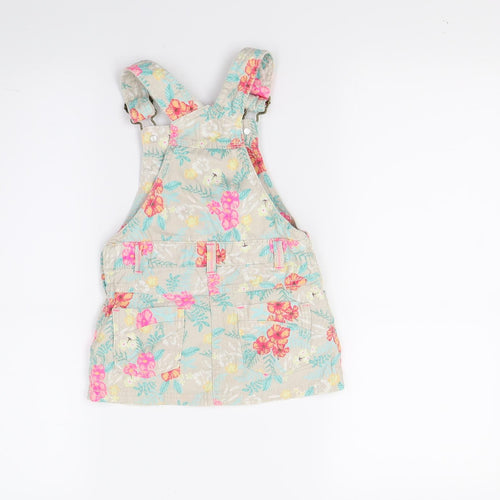 F&F Girls Beige Floral Denim Pinafore/Dungaree Dress  Size 2 Years