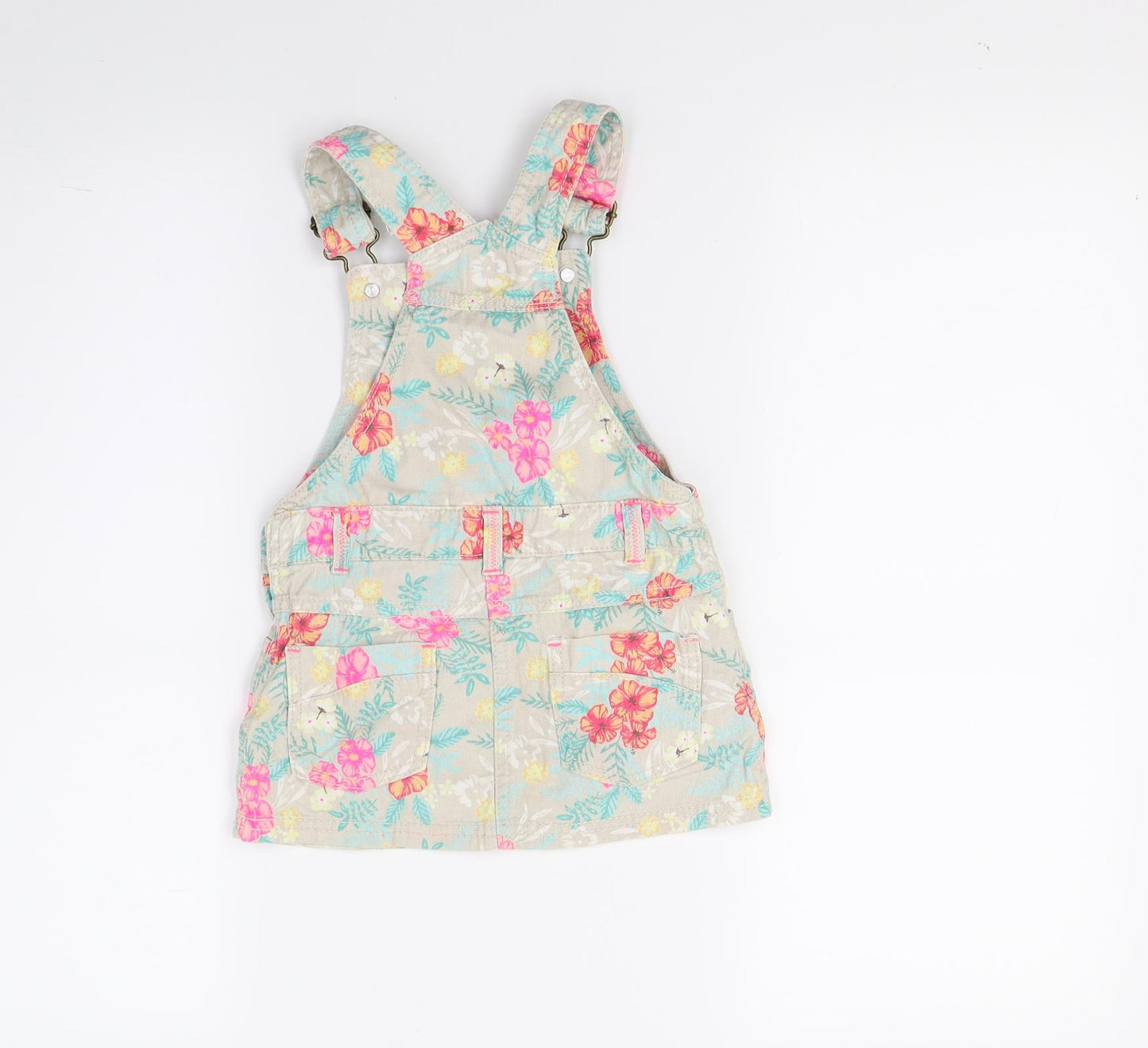 F&F Girls Beige Floral Denim Pinafore/Dungaree Dress  Size 2 Years