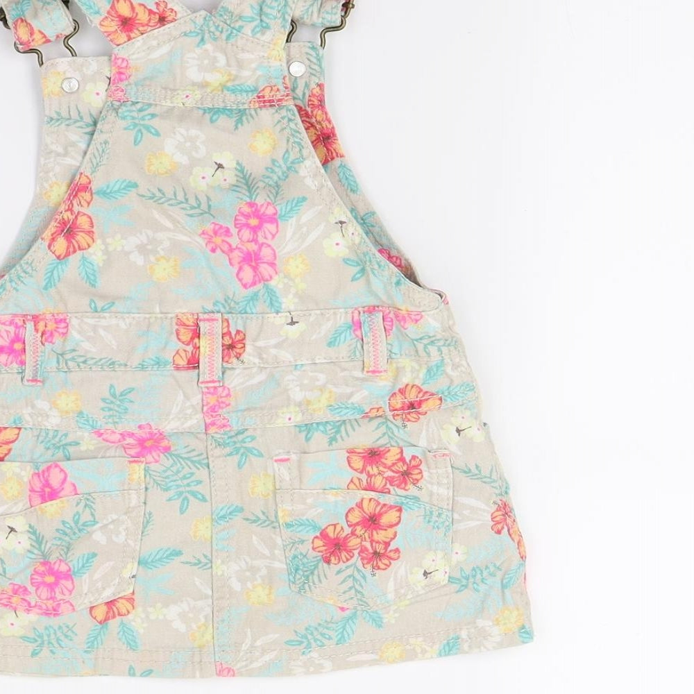 F&F Girls Beige Floral Denim Pinafore/Dungaree Dress  Size 2 Years