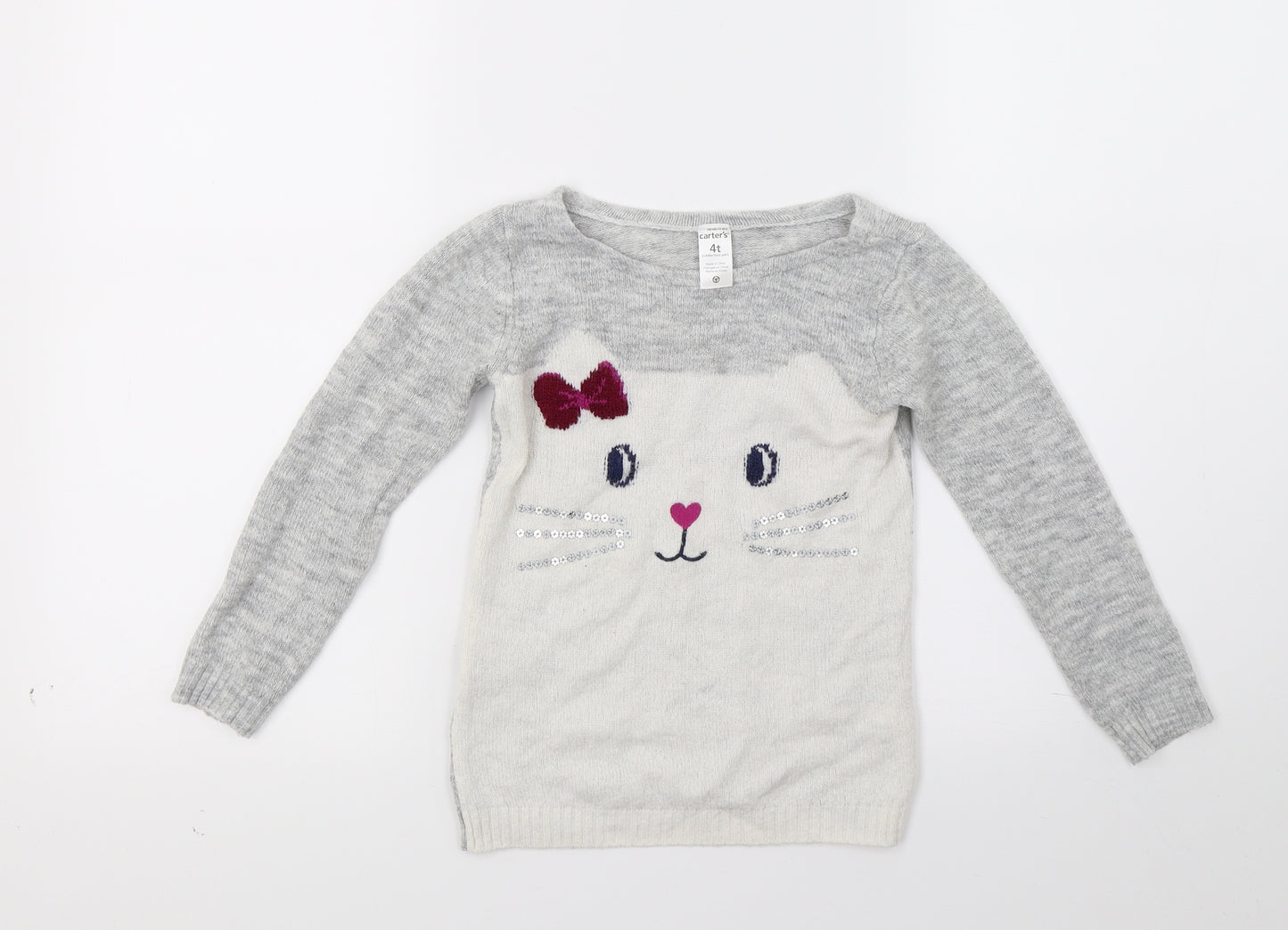 Carters Girls Grey  Knit Pullover Jumper Size 4 Years  - Cat