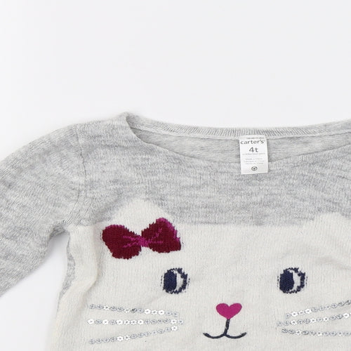 Carters Girls Grey  Knit Pullover Jumper Size 4 Years  - Cat