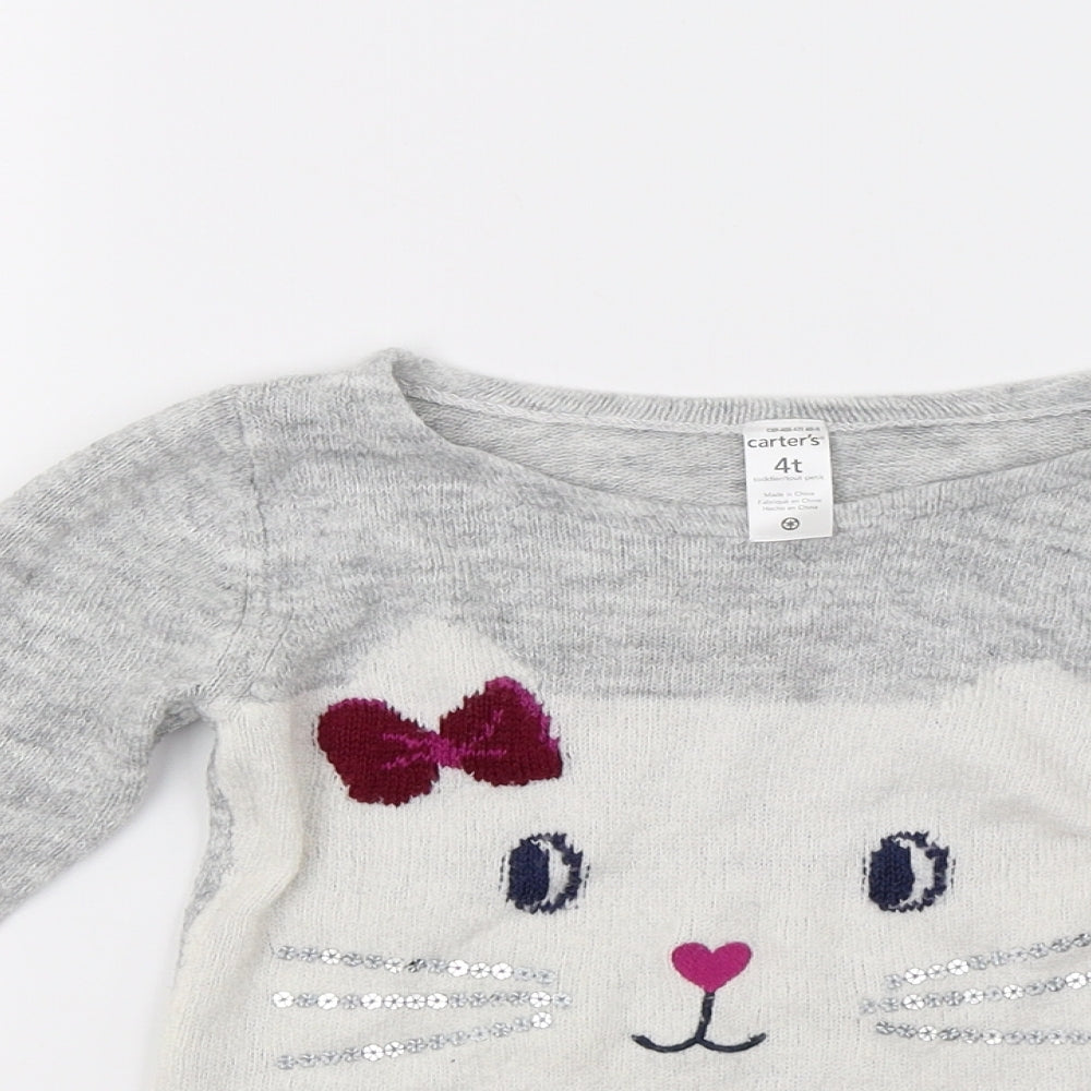 Carters Girls Grey  Knit Pullover Jumper Size 4 Years  - Cat