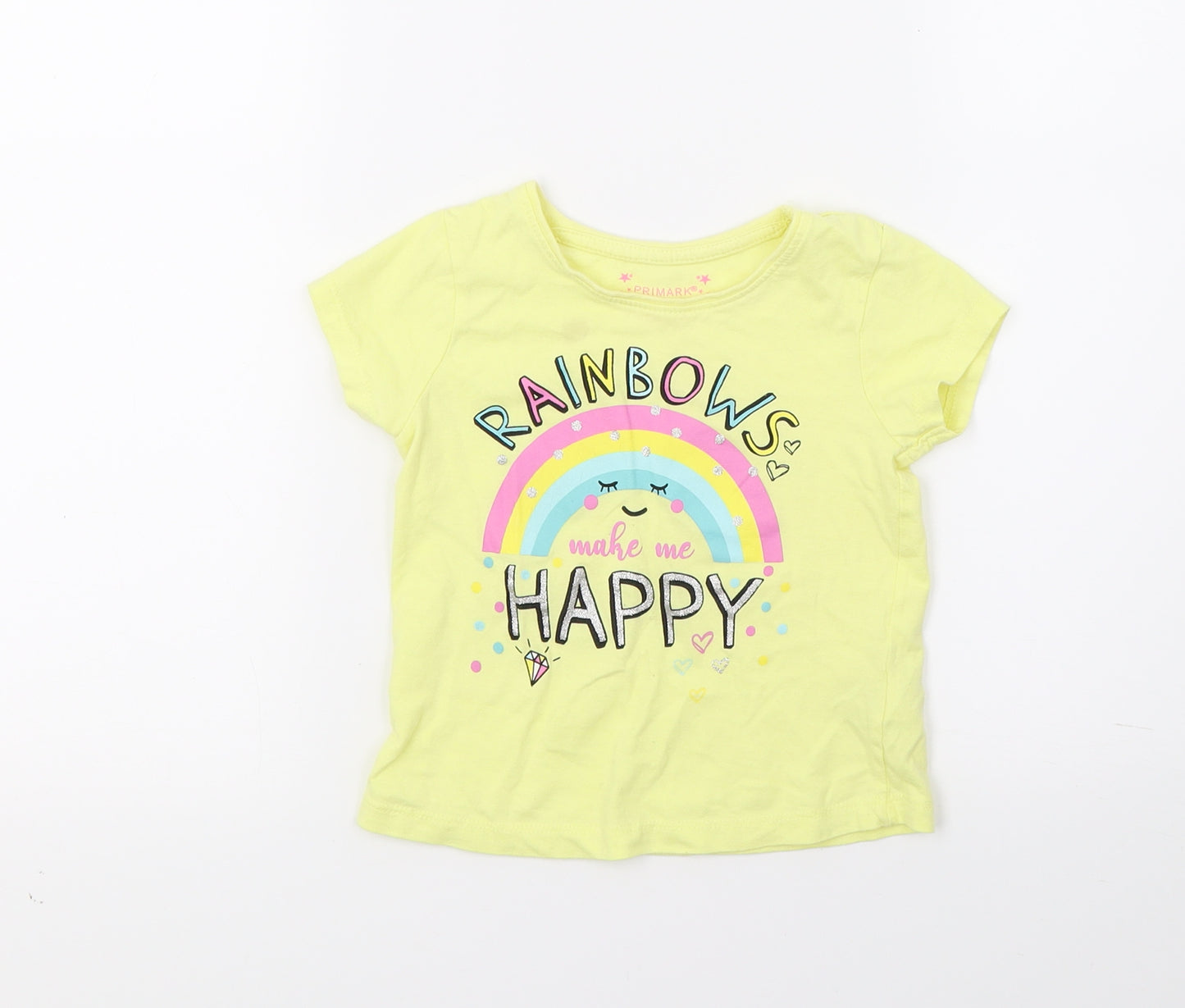 Primark Girls Yellow   Basic T-Shirt Size 2-3 Years  - Rainbows