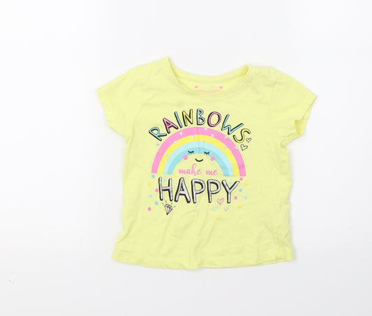 Front view of Primark girls’ yellow basic t-shirt, size 2-3, years - rainbows