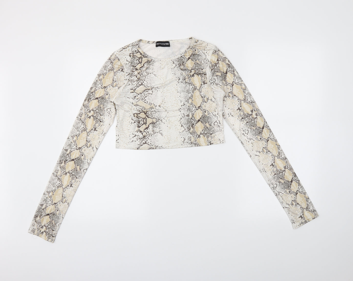 PRETTYLITTLETHING Womens White Animal Print  Cropped T-Shirt Size 10