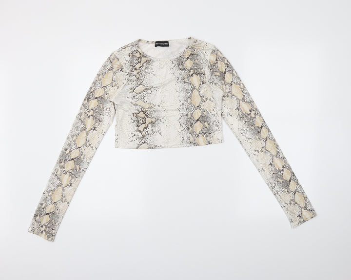 PRETTYLITTLETHING Womens White Animal Print  Cropped T-Shirt Size 10