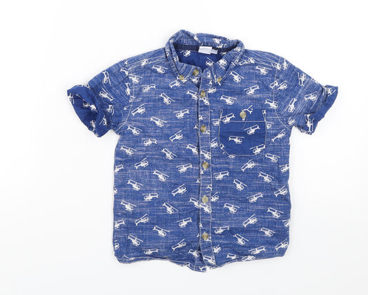 Front view of Mini Club boys’ blue basic button-up, size 3-4, years - helicopters