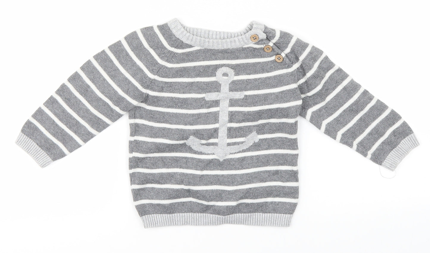 H&M Boys Grey Striped  Pullover Jumper Size 6-9 Months  - Nautical anchor