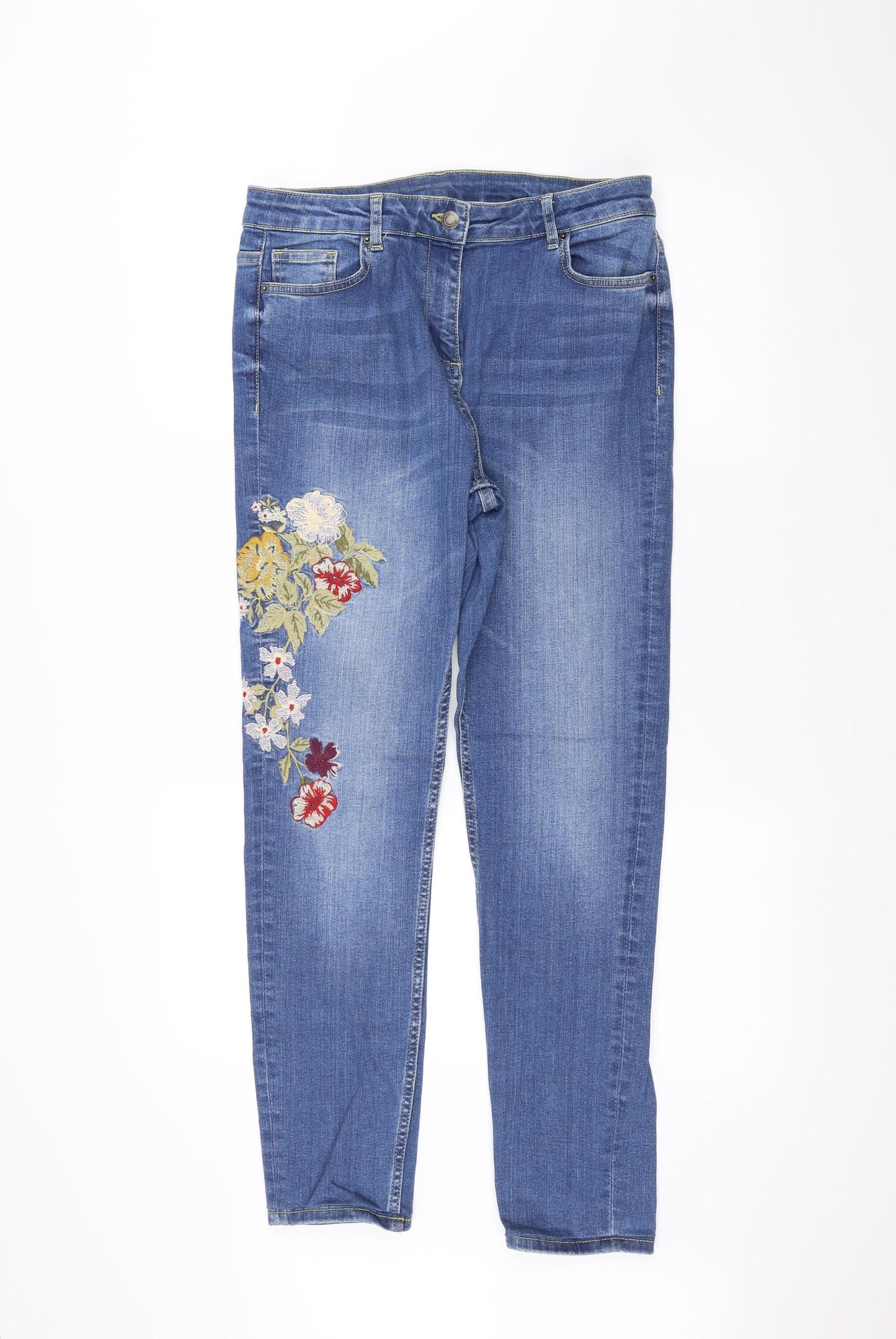 NEXT Womens Blue Floral Denim Straight Jeans Size 14 L27 in