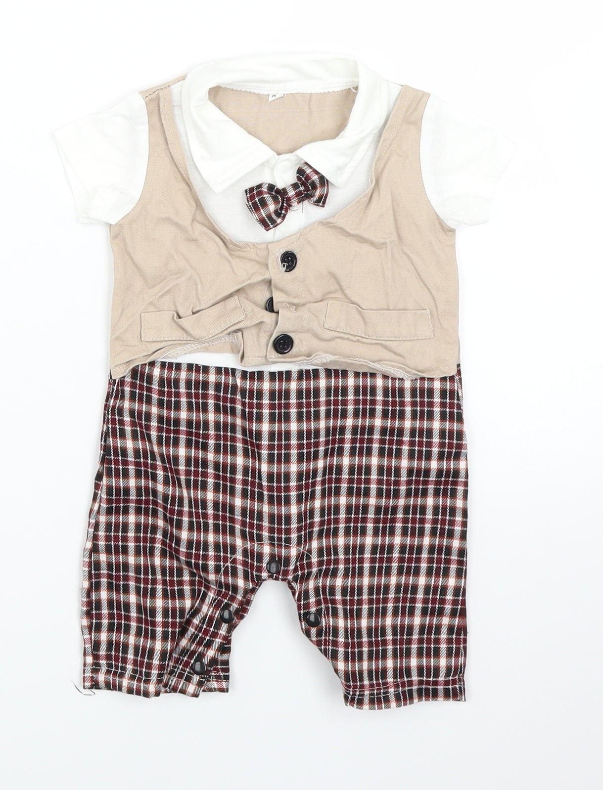 Preworn Boys Beige Plaid  Babygrow One-Piece Size 6-9 Months