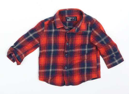 Front view of Next Baby Red Plaid Basic Button-Up, size 3-6, Months