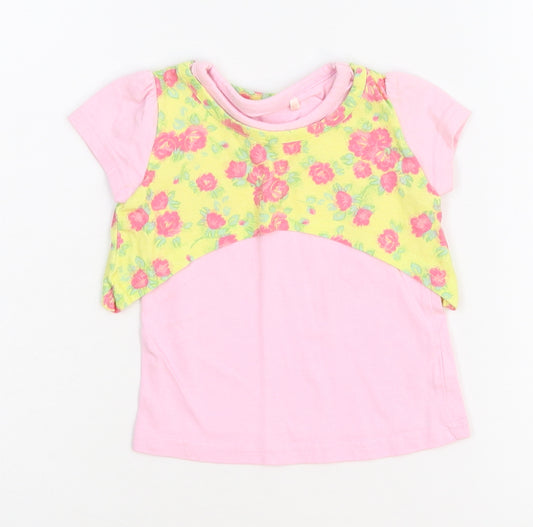 Front view of George girls’ pink floral basic t-shirt, size 6-9, months