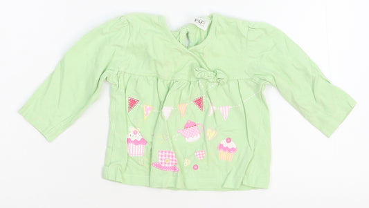 Front view of F&F girls’ green basic t-shirt, size 6-9, months
