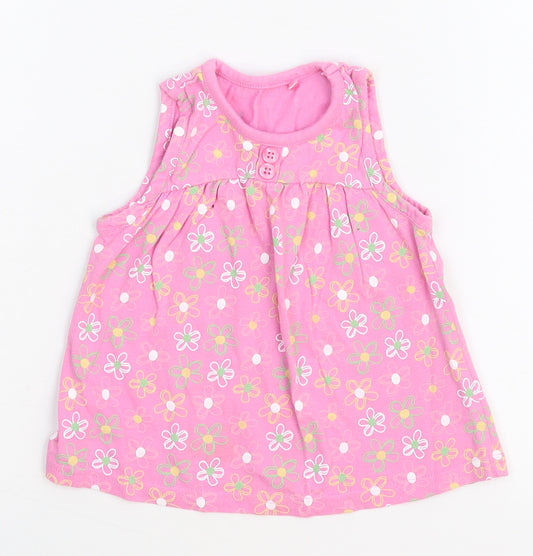 Front view of George girls’ pink floral basic tank, size 6-9, months