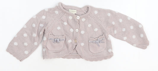Front view of Monsoon girls’ pink polka dot cardigan jumper, size 6-9, months