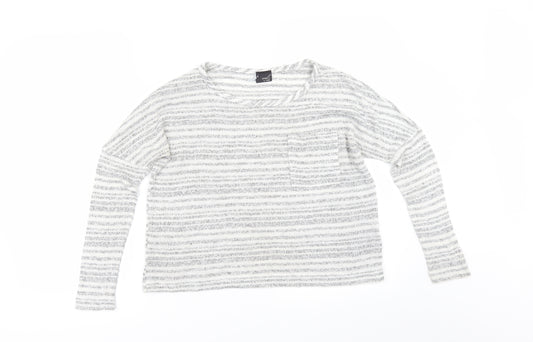 Front view of Sparkle & Fade women’s grey striped jumper, size XS