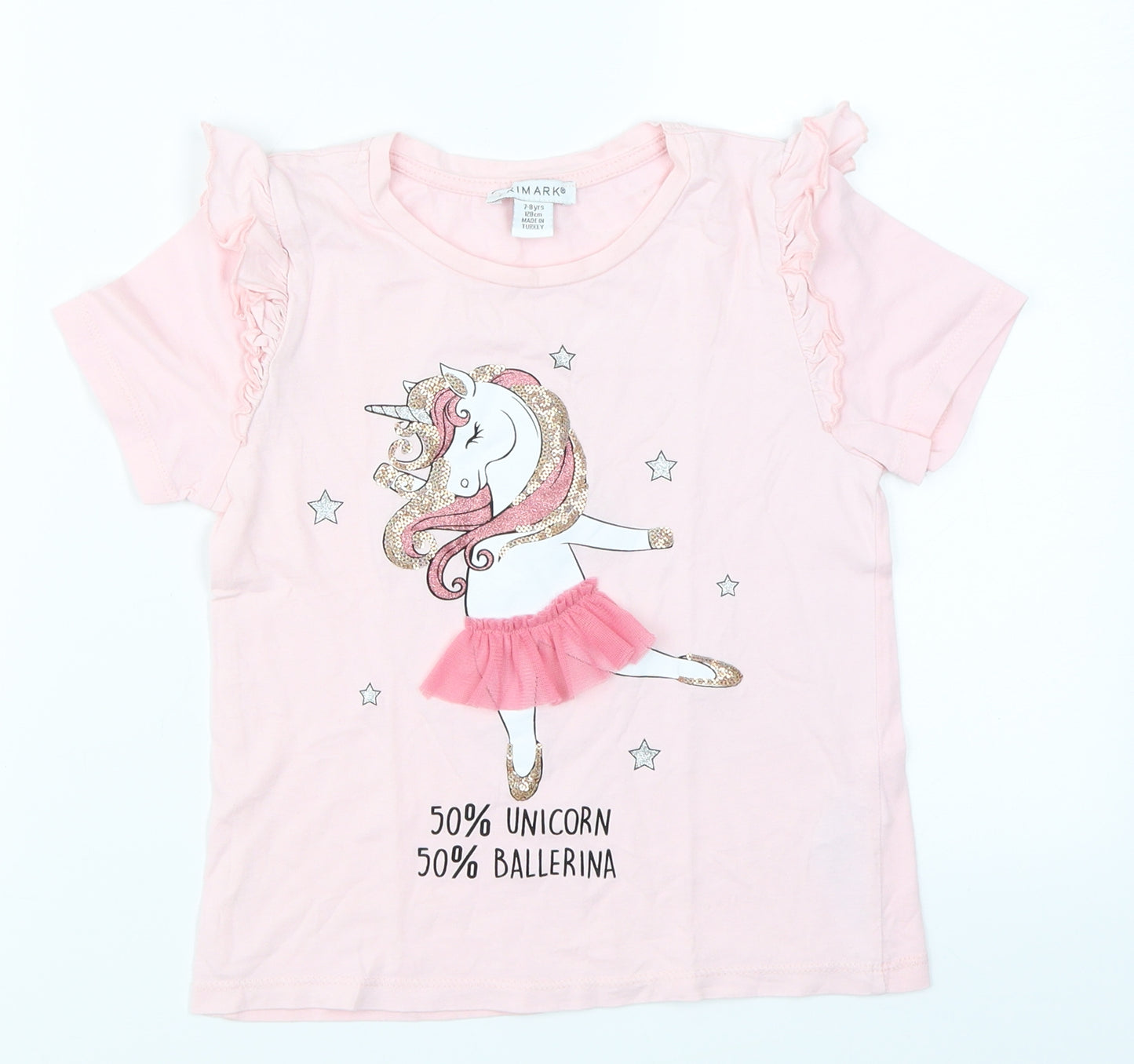 Primark Girls Pink   Basic T-Shirt Size 7-8 Years  - Unicorn