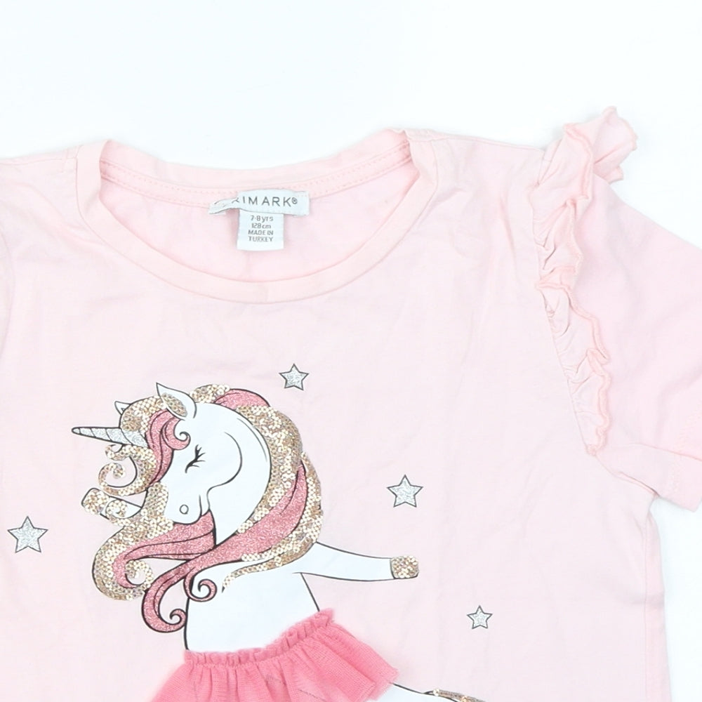 Primark Girls Pink   Basic T-Shirt Size 7-8 Years  - Unicorn