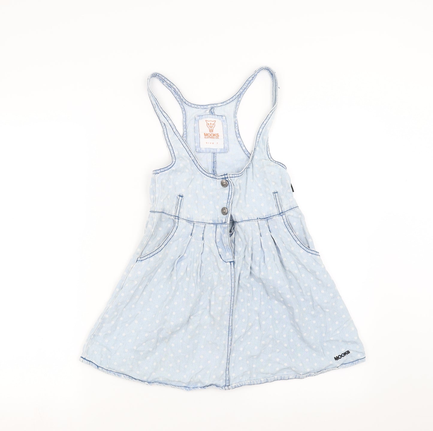 MOOKS Girls Blue Polka Dot Denim Pinafore/Dungaree Dress  Size 7 Years
