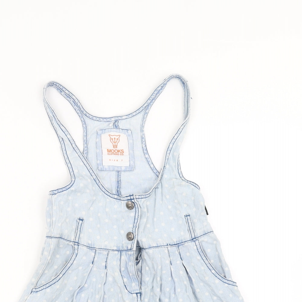 MOOKS Girls Blue Polka Dot Denim Pinafore/Dungaree Dress  Size 7 Years