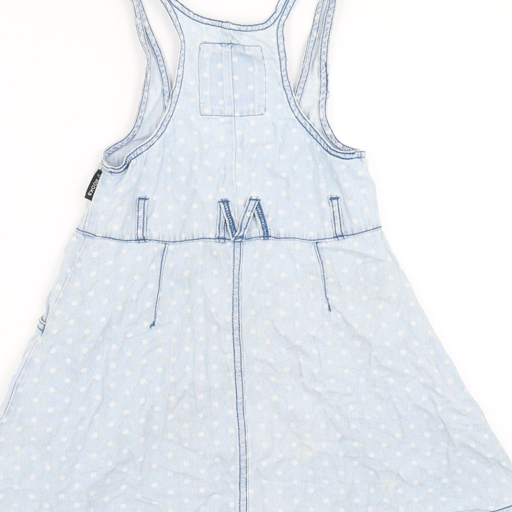 MOOKS Girls Blue Polka Dot Denim Pinafore/Dungaree Dress  Size 7 Years