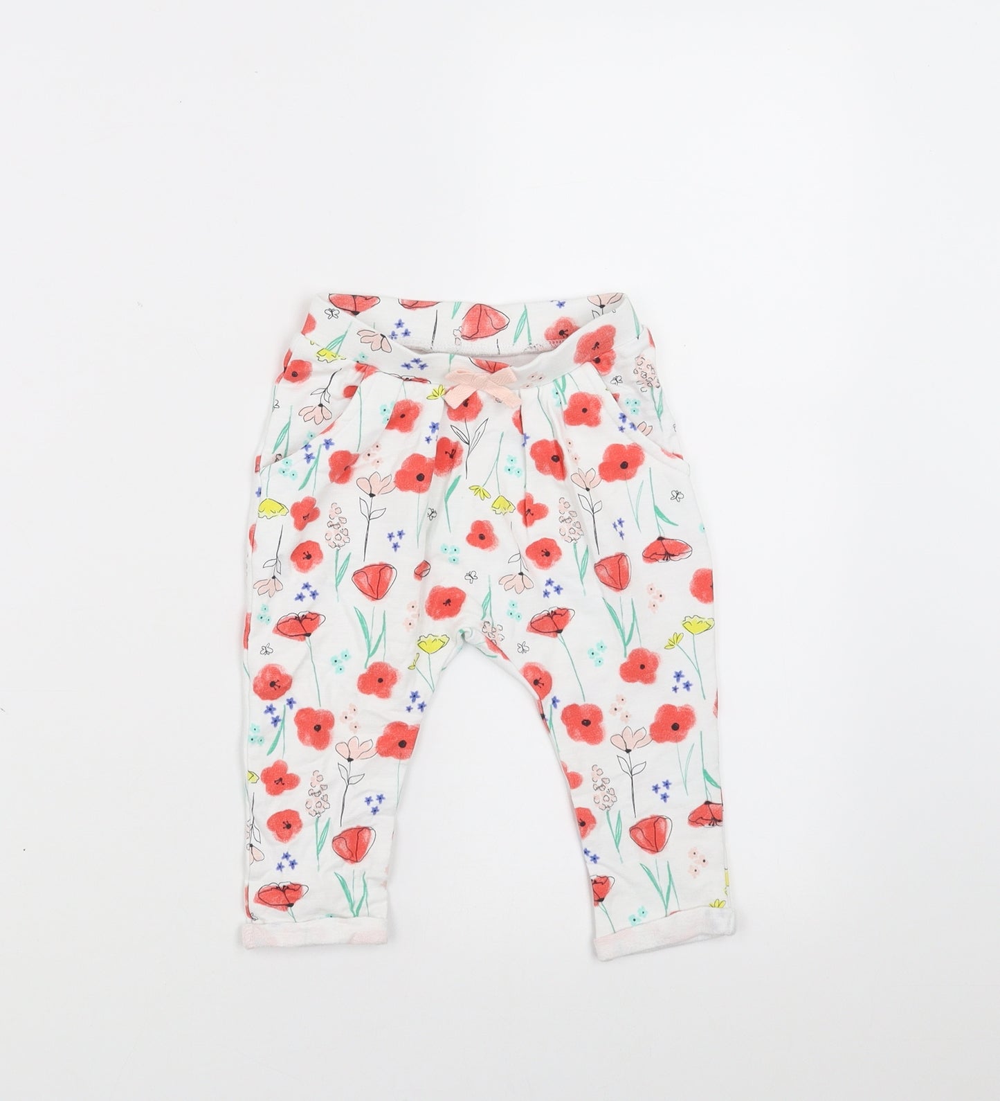Nutmeg Girls White Floral  Jogger Trousers Size 6-9 Months