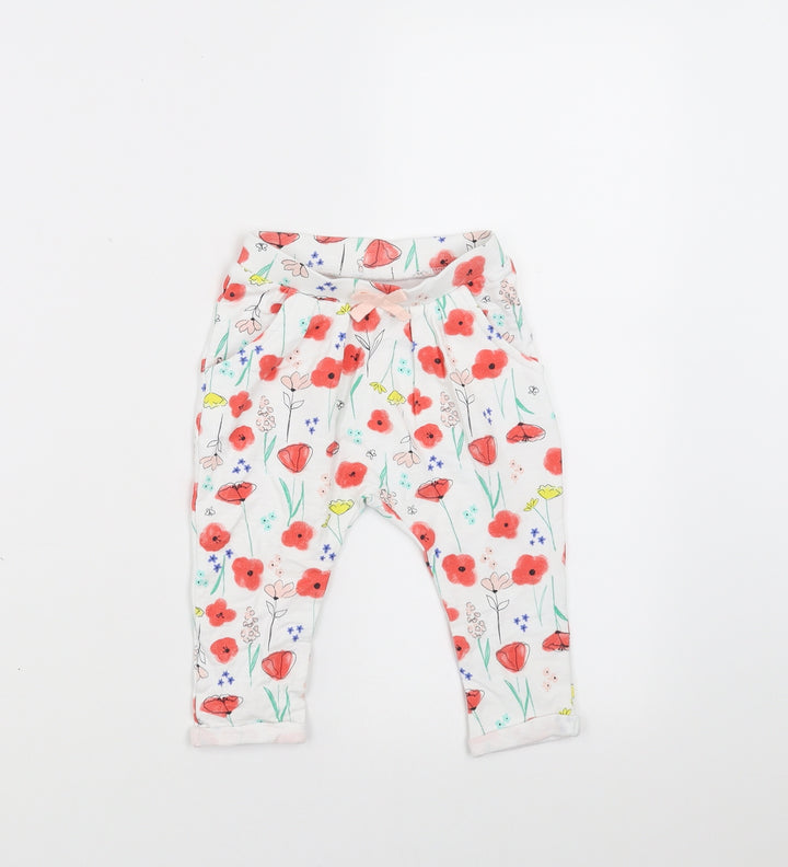 Nutmeg Girls White Floral  Jogger Trousers Size 6-9 Months