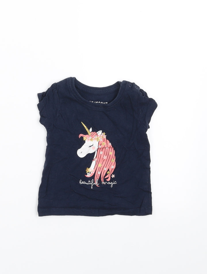 Primark Girls Blue   Basic T-Shirt Size 6-9 Months  - unicorn