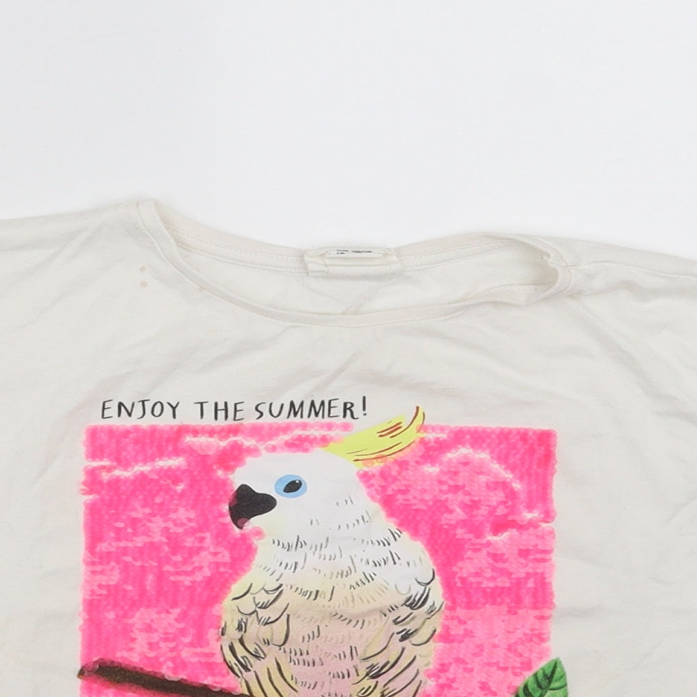 H&M Girls White   Basic T-Shirt Size 6-7 Years  - parrot