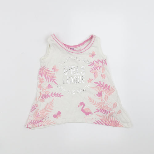 Dopo Dopo Girls White Floral  Basic Tank Size 2-3 Years  - flamingo