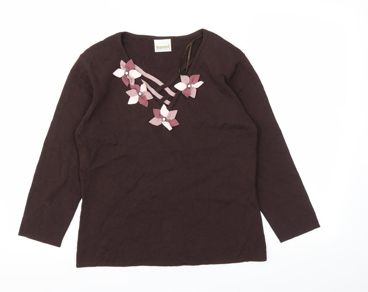 Roman Originals Womens Brown Floral Basic T-Shirt Size S