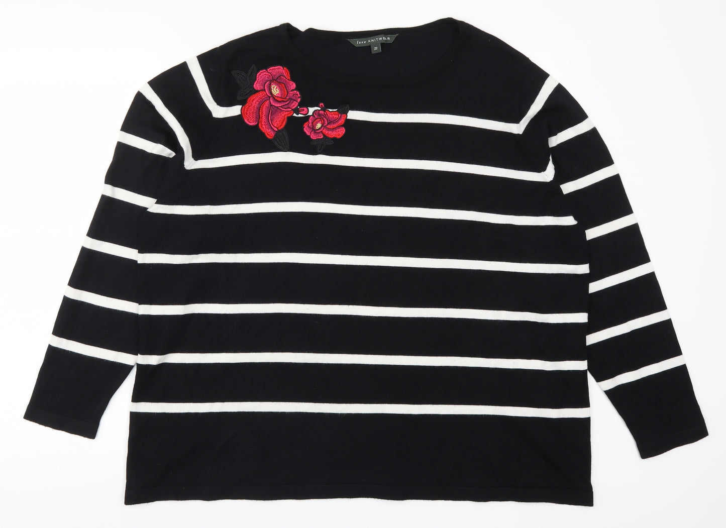 Bonmarché Womens Black Striped  Pullover Jumper Size 22  - Embroidered Flowers