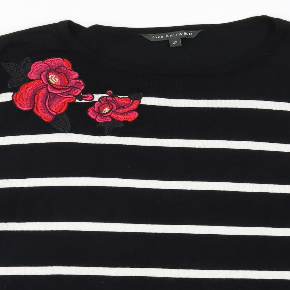 Bonmarché Womens Black Striped  Pullover Jumper Size 22  - Embroidered Flowers
