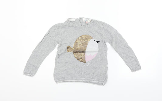 Front view of Indigo girls’ grey cardigan jumper, size 4-5, years - bird