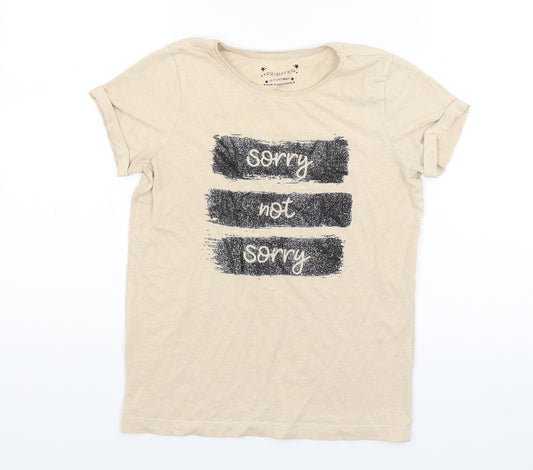 Front view of Primark girls’ beige basic t-shirt, size 10-11, years - sorry, not sorry