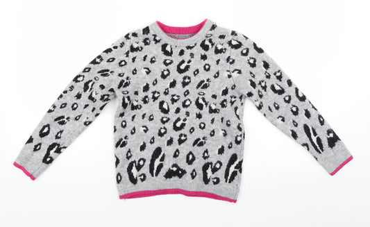 Front view of Nutmeg girls’ green animal print jumper, size 9-10, years