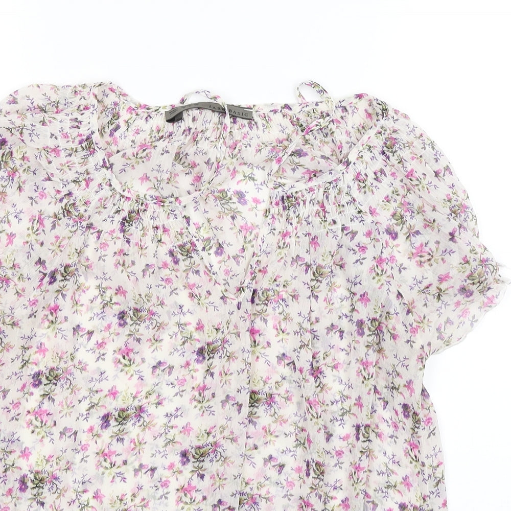 Zara Basic Womens White Floral  Cropped Blouse Size M
