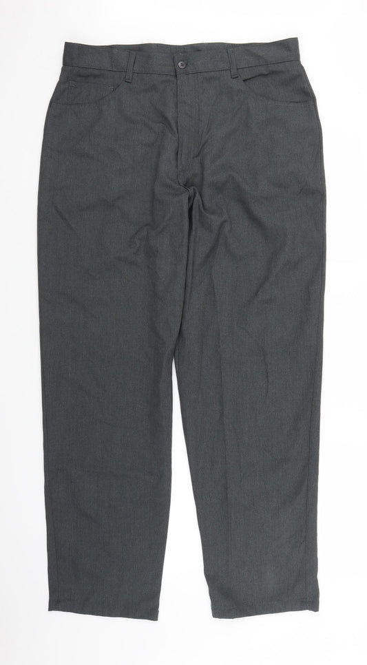 Front view of Cedarwood State men’s grey trousers, size 32, in, 30-inch leg