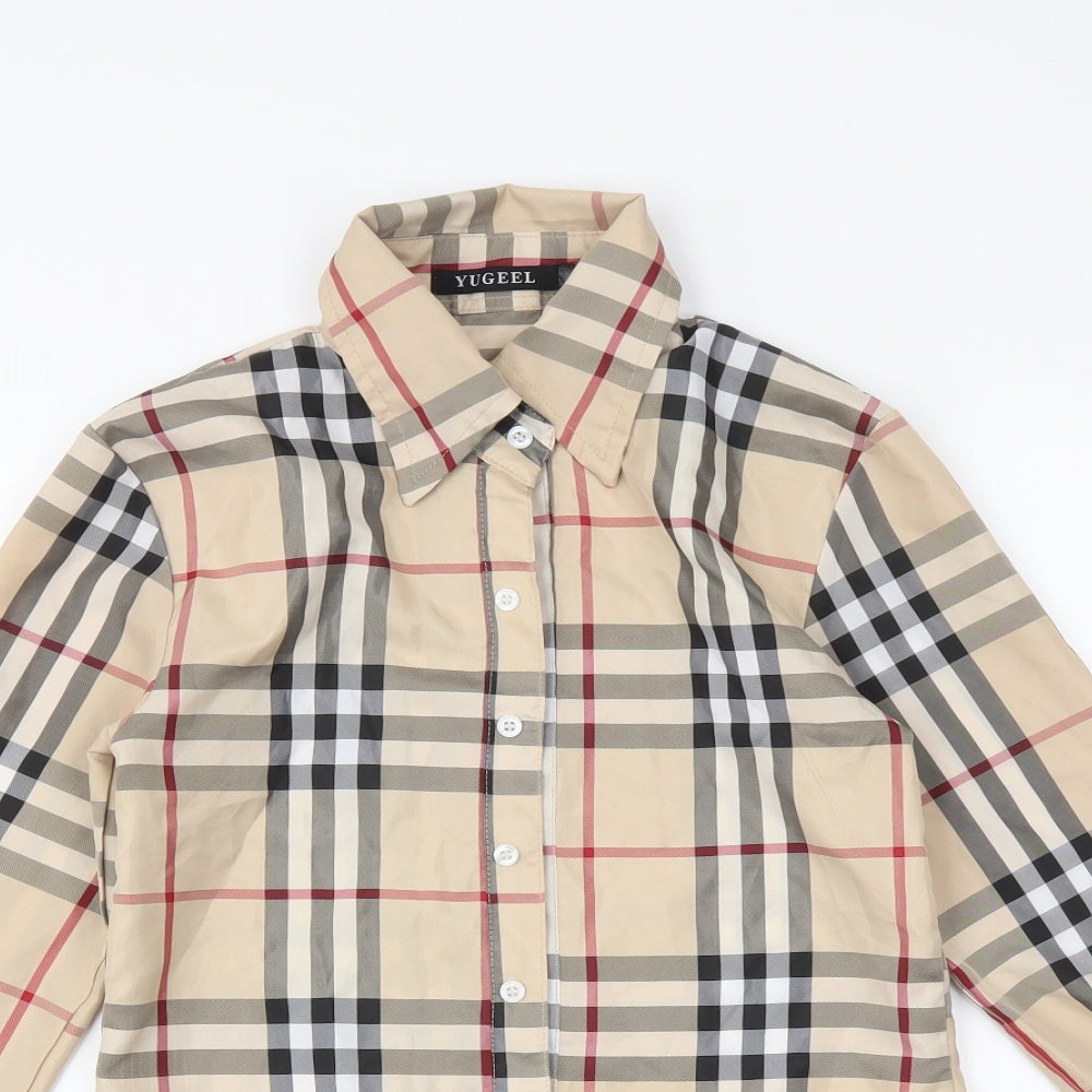YUGEEL Womens Beige Plaid  Basic Button-Up Size XS