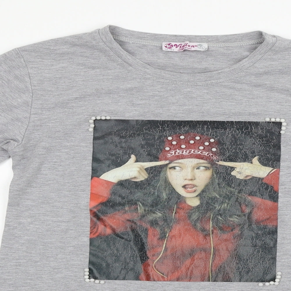 Viollen Girls Grey   Basic T-Shirt Size 14 Years  - beads on front