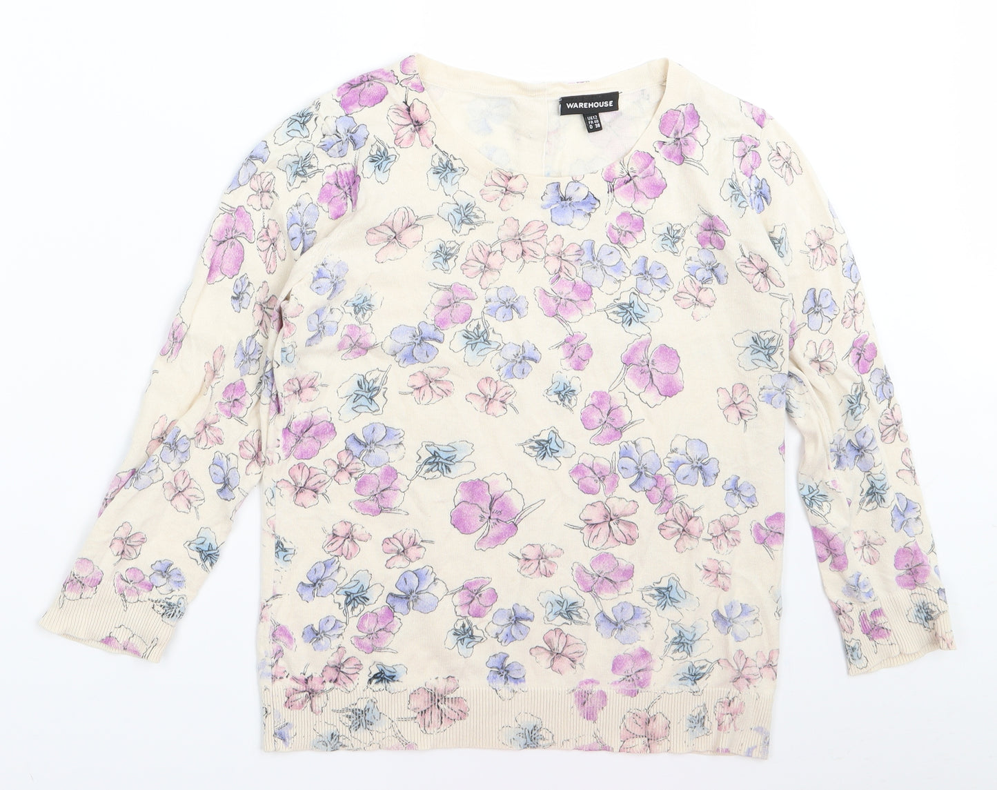 Warehouse Womens White Floral  Basic T-Shirt Size 12